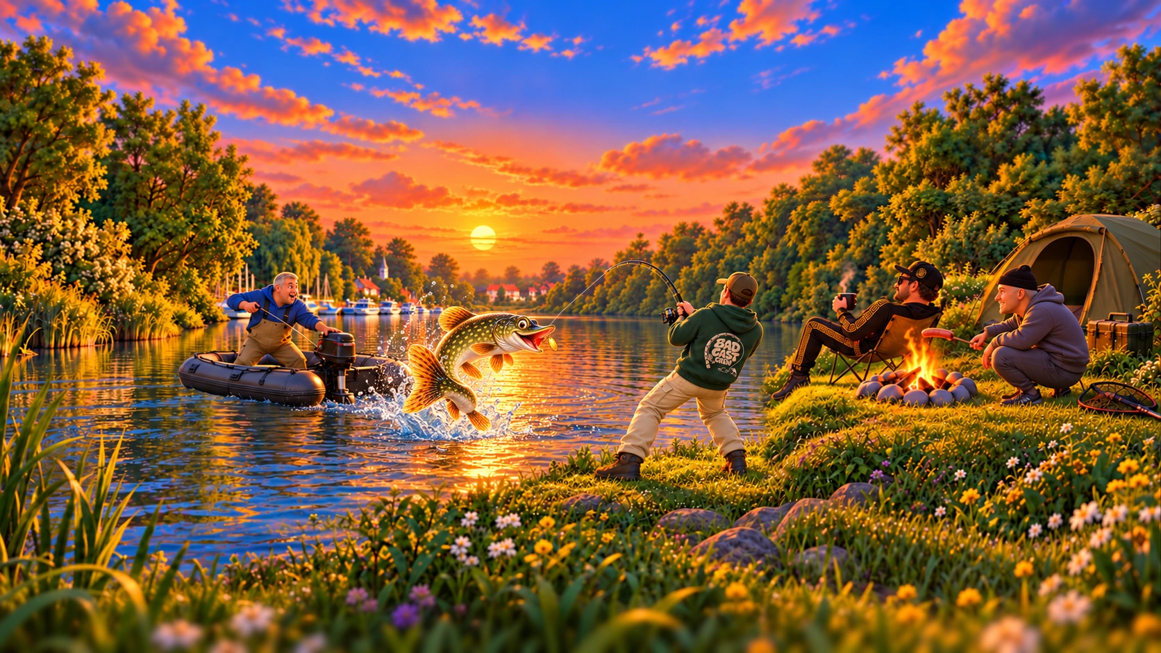 Illustration of the Bad Cast Crew fishing beside the River Ouse at sunset